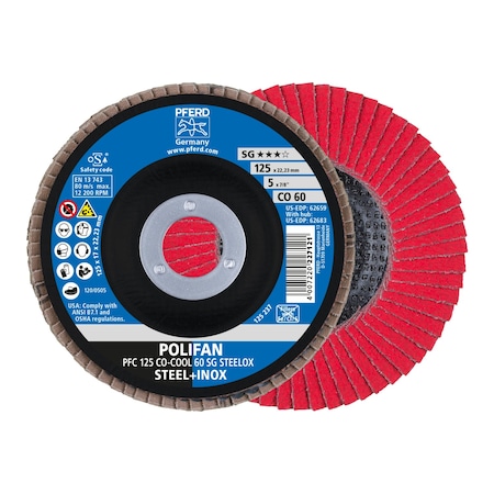 Pferd 5" x 7/8" A.H. POLIFAN Flap Disc - CO-COOL SG STEELOX, Ceramic oxide, 60 Grit, Conical 62659